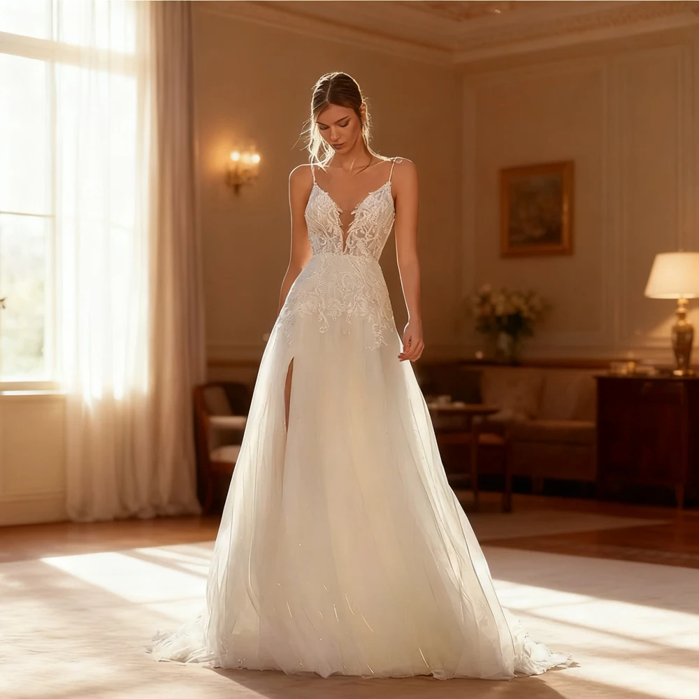 تخصيص جديد الحديثة الخامس الرقبة ألف خط فساتين الزفاف الفاخرة بلا أكمام عارية الذراعين مطرز يزين ذيل محكمة فستان زفاف 2025 #1