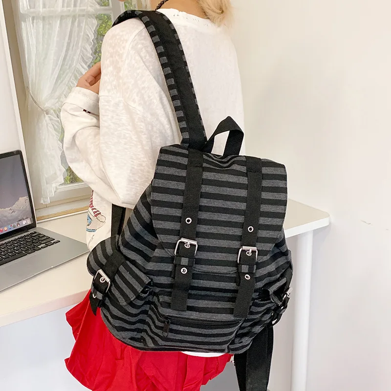 

Y2k New Korean Striped Drawstring Backpack Fashion Women's Harajuku Rucksack Large Capacity Versatile Knapsack Casual Travel Bag