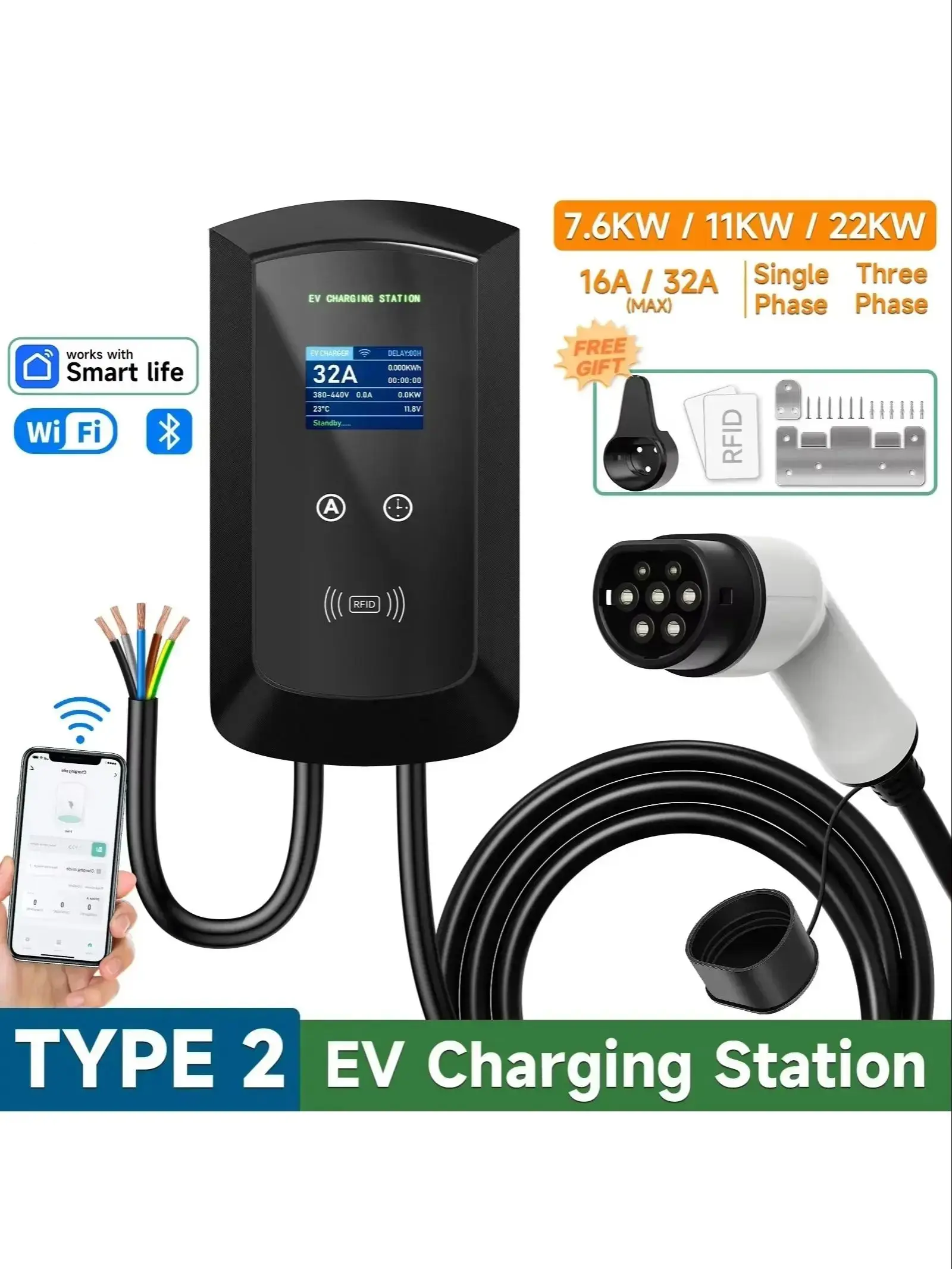 JNTAFEV 11KW 16A Type 2 EV-lader 32A 7.6KW/22KW Elektrische Autolader 1/3-fasig Oplaadstation Wallbox WiFi APP-besturing - afbeelding 2