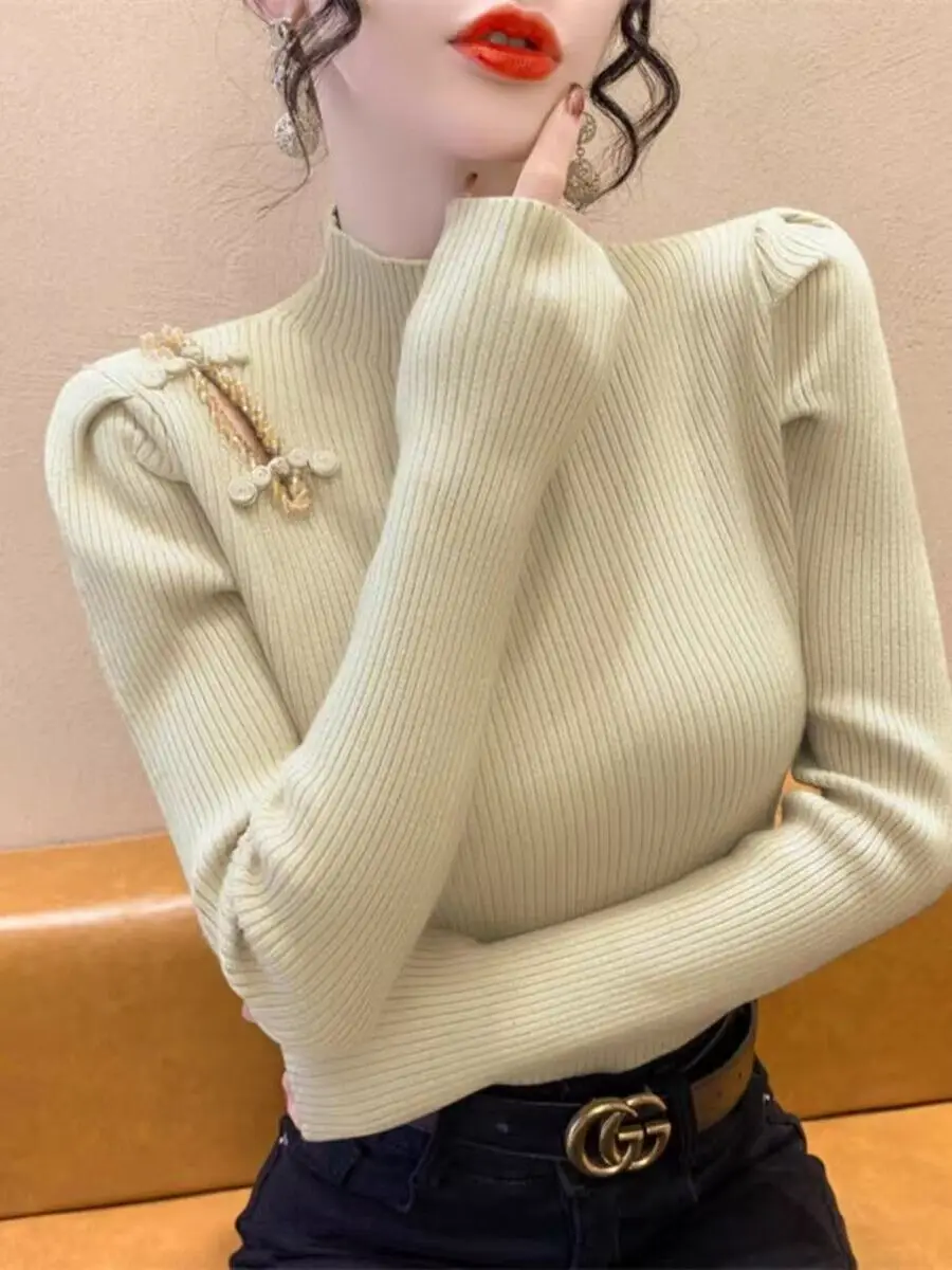 Crystal Knot Button Knitted Sweater New Autumn Winter Elasticity Slim Turtleneck Sweater Long Sleeve Office Lady Elegant Shirt