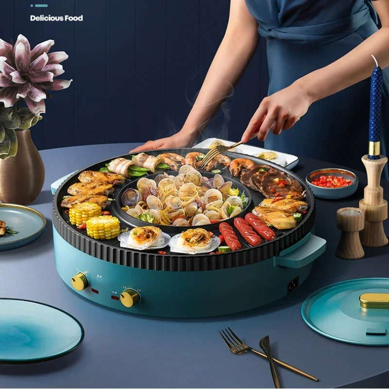 Multifunctional BBQ Grill Hot Pot All-in-One Machine, Household Smokeless Electric BBQ Grill and Hot Pot, 220V/1700W