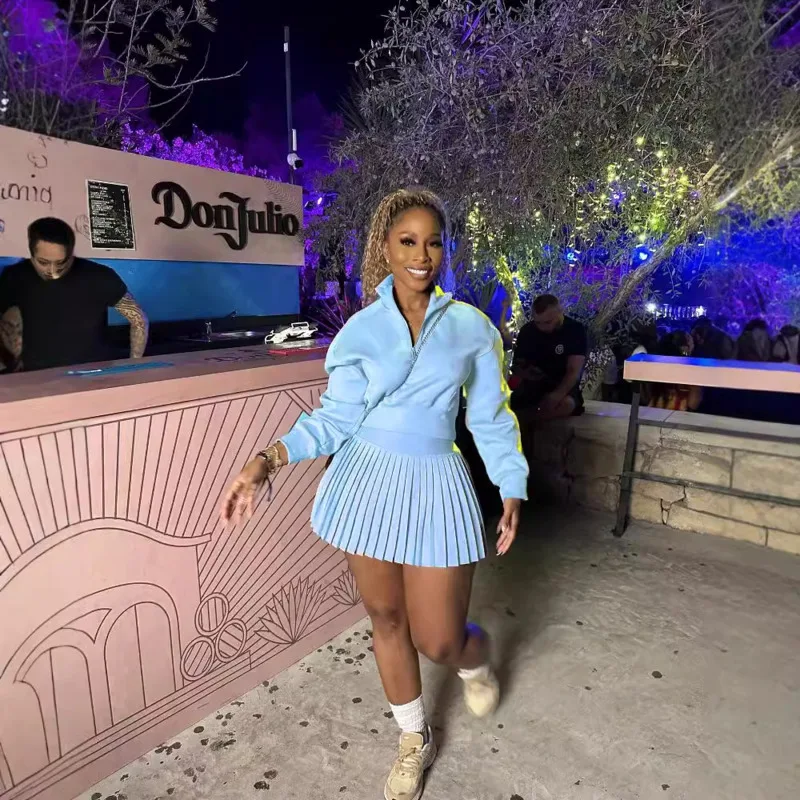 Fashionable Zippered Polo Collar Sweatshirt Elegant High-waisted Pleated Mini Skirt Casual Sportswear Set Solid Color Clothing