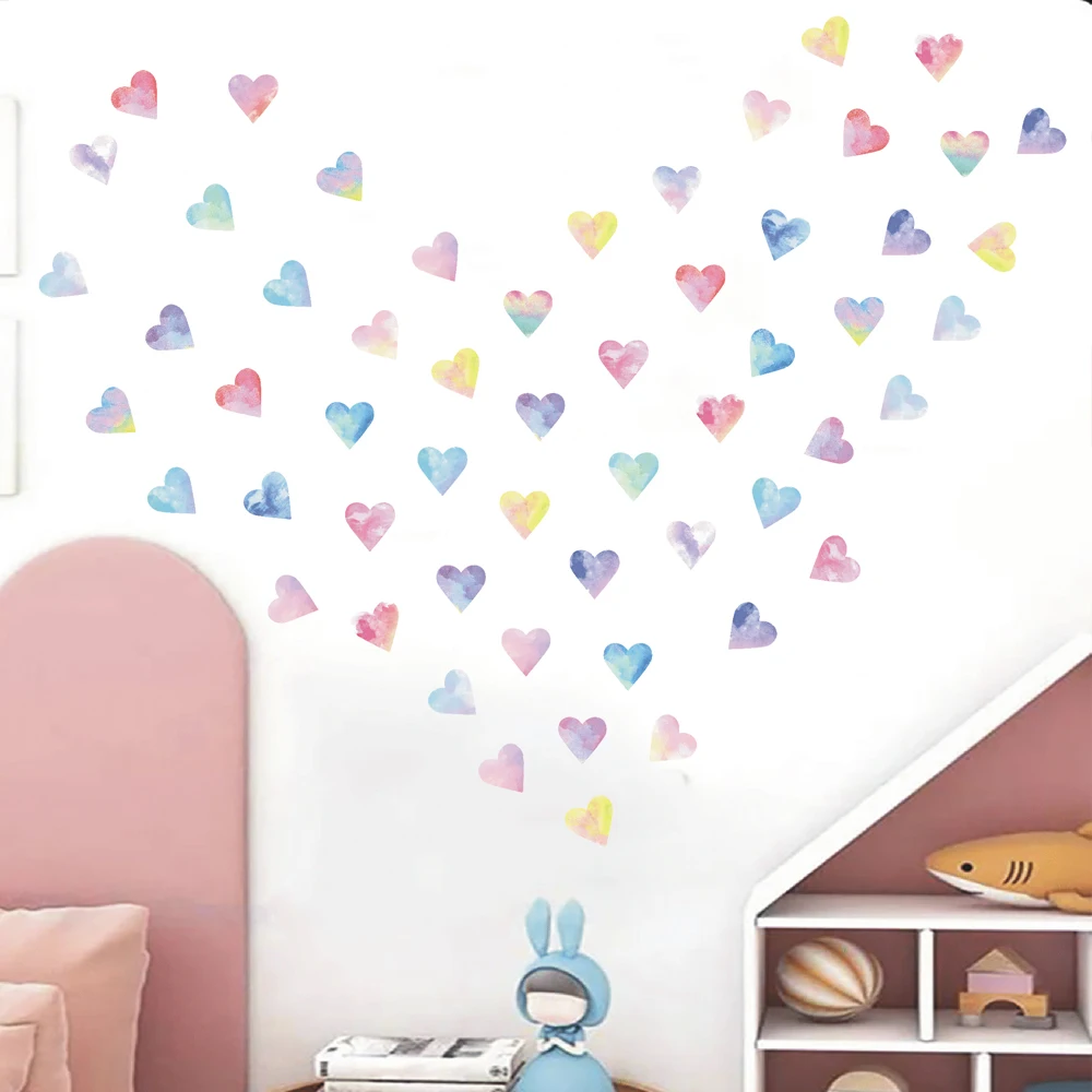 Colorful Hearts Couple Wall Stickers Kitchen Bedroom Watercolor Hearts Wedding Wall Decals Living Room Home Wall Decor view 2