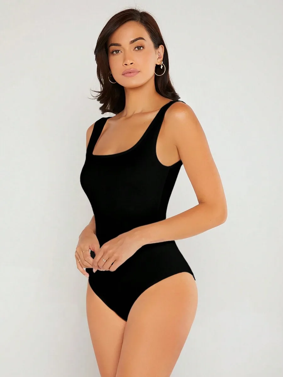 SHEIN BASICS Solid Color Square Neckline Slim Fit Bodysuit Summer Outfit For Women