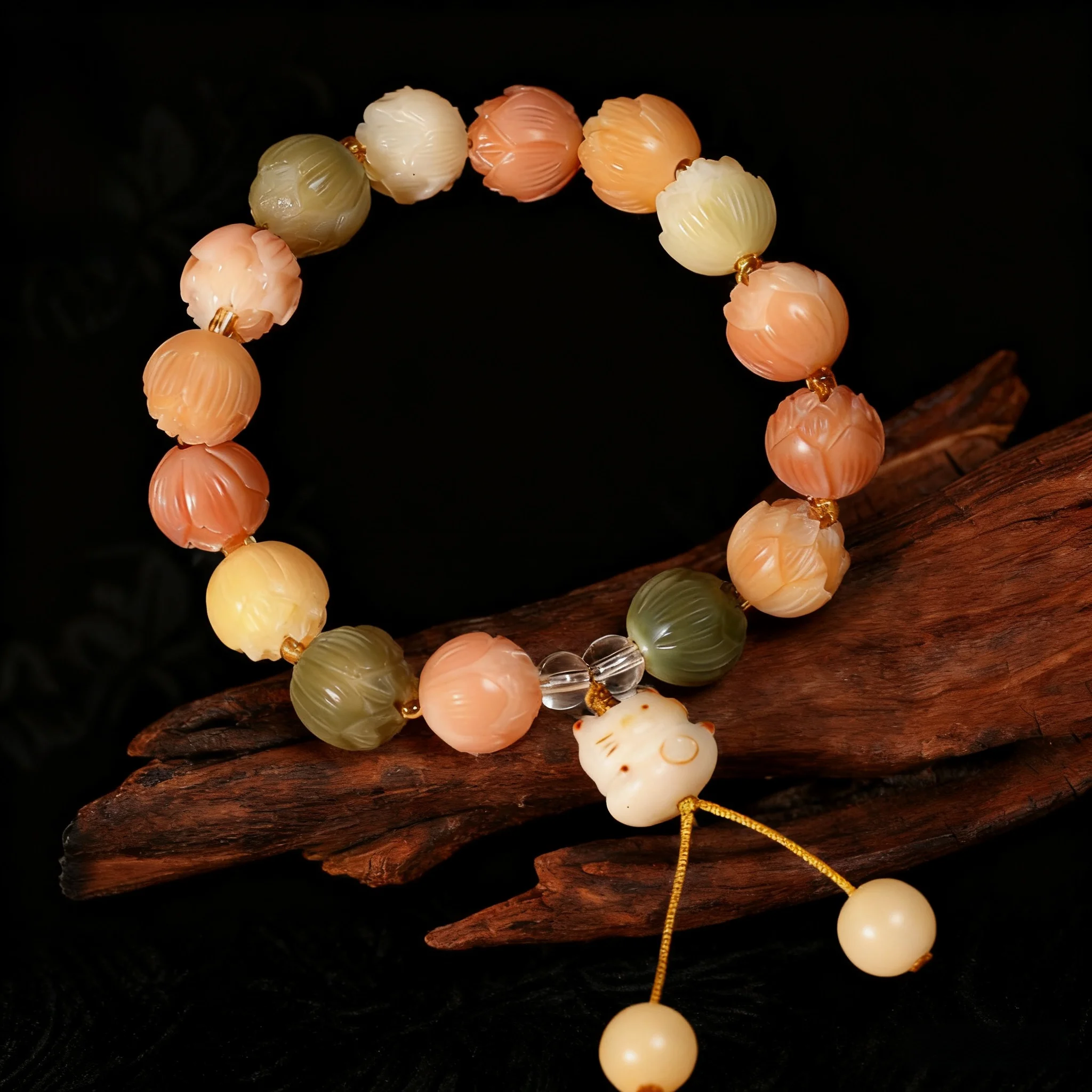 

Lotus Pattern Bodhi Root Bracelet with Cartoon Cat Pendant & Multi-gem Beads: Chinese Style Wrist Jewelry Gift