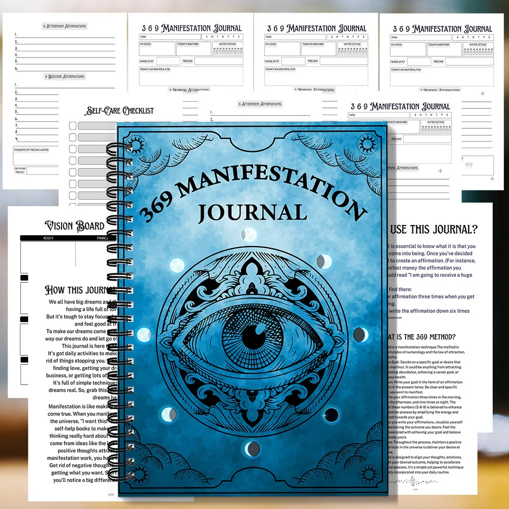 1PC Carnet spirale bleu à motif œil mystique, Journal de manifestation énigmatique 369, pour l'exploration spirituelle personnelle
