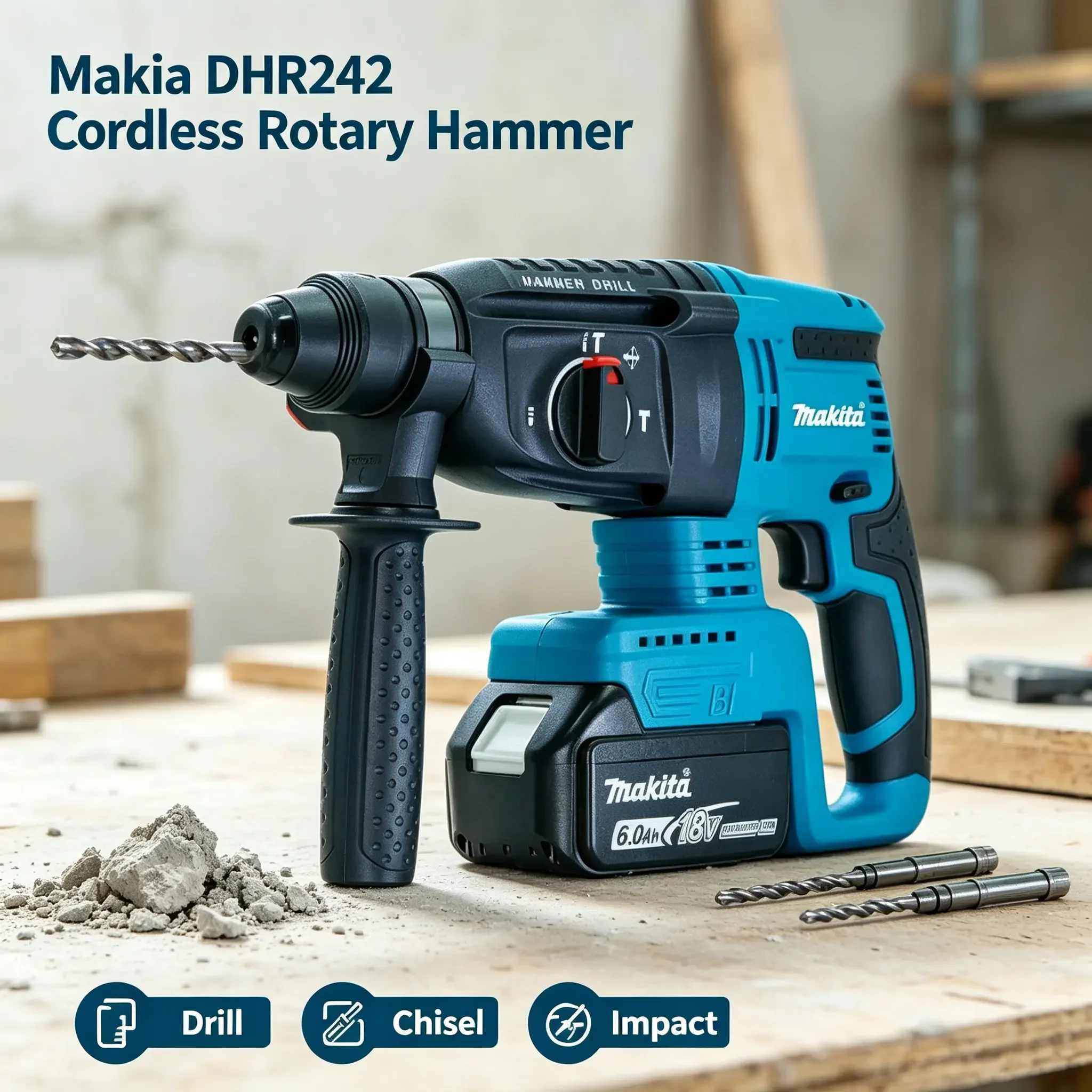 Neuer originaler Makita DHR242 18V Profi-Akku-Bohrhammer, geringe Vibration 13,5 m/s² reduziert die Belastung von Hand und Arm für komfortablen Betrieb bei anspruchsvollen, langen Bohrsitzungen.