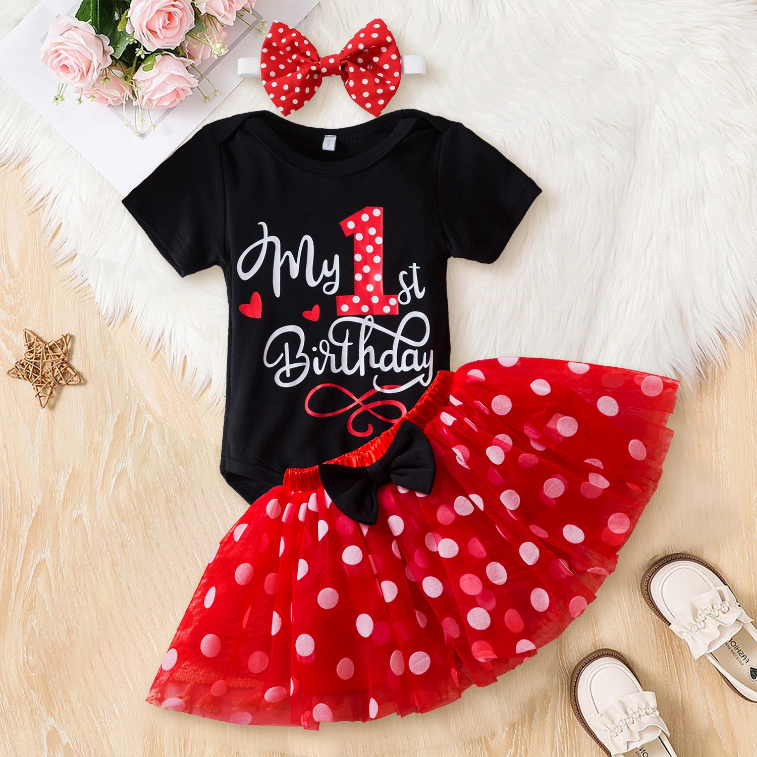 3Pcs Baby Girl 1st Birthday Dress Sets Short Sleeve Top & Polka Dot Skirt & Bow Headband Newborn Outfit Minni Cosplay Dress