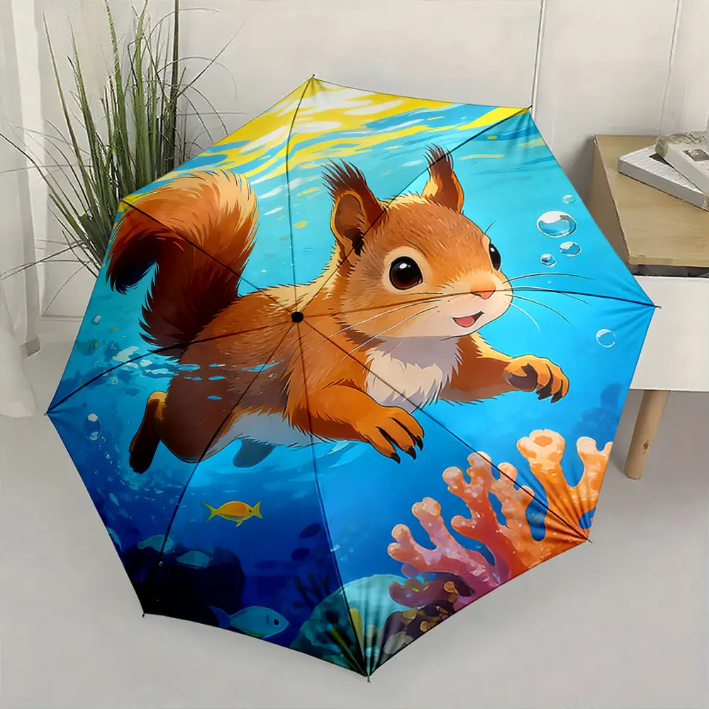 1PC Stylish Umbrella with an Underwater Squirrel Design Print 8 Iron Ribs Folding Umbrella Auto-Open Fashion Sunshade