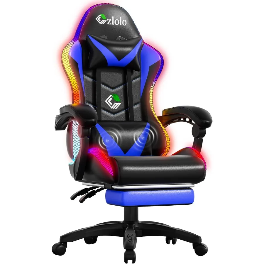Gaming Chair for Adults and:Racing Style, Black/Blue Fabric, RGB LED Lights, Lumbar Massager, High Back Reclining Computer Chai