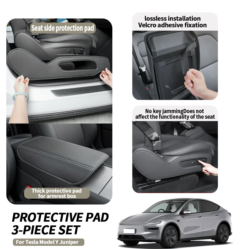 Compatible with Tesla Model Y Juniper Updated Version: Seat Side Anti-Kick Protection Pad + Armrest Box Pad, 3-Piece Set, Non-Damaging Installation, Velcro Fastening, No Key Stuck, Scratch-Resistant and Wear-Resistant