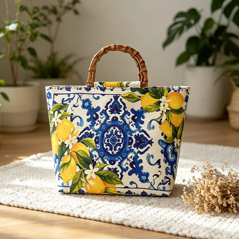 Blue and White Porcelain Pattern Lemon Floral Print Faux Bamboo Handle Women's Tote Bag, Faux Bamboo Large-Capacity Beach Bag