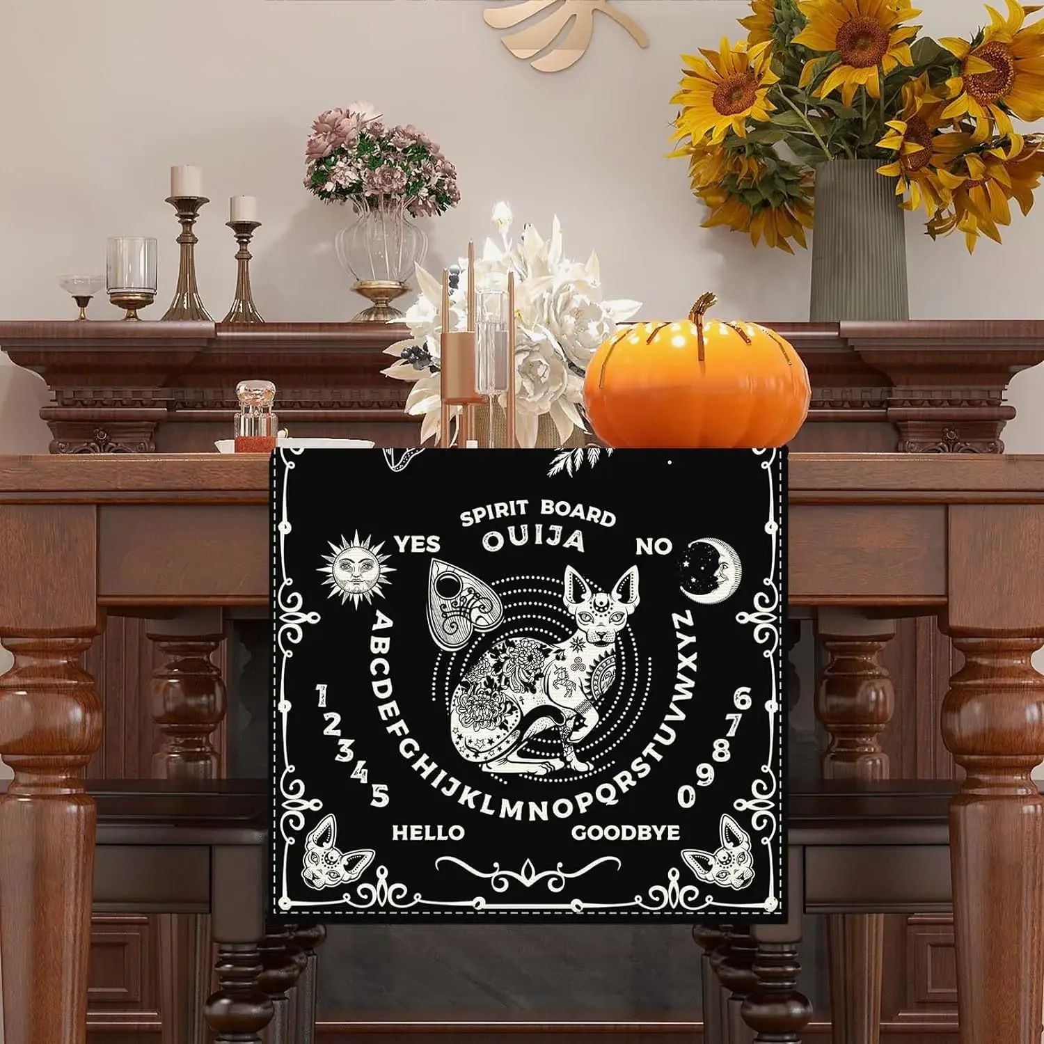 1Pc Ouija Spirit Board Table Runner Black Moth Cat Alphabet Print Table Cover For Home Party Dining Table Decoration Tabletop De