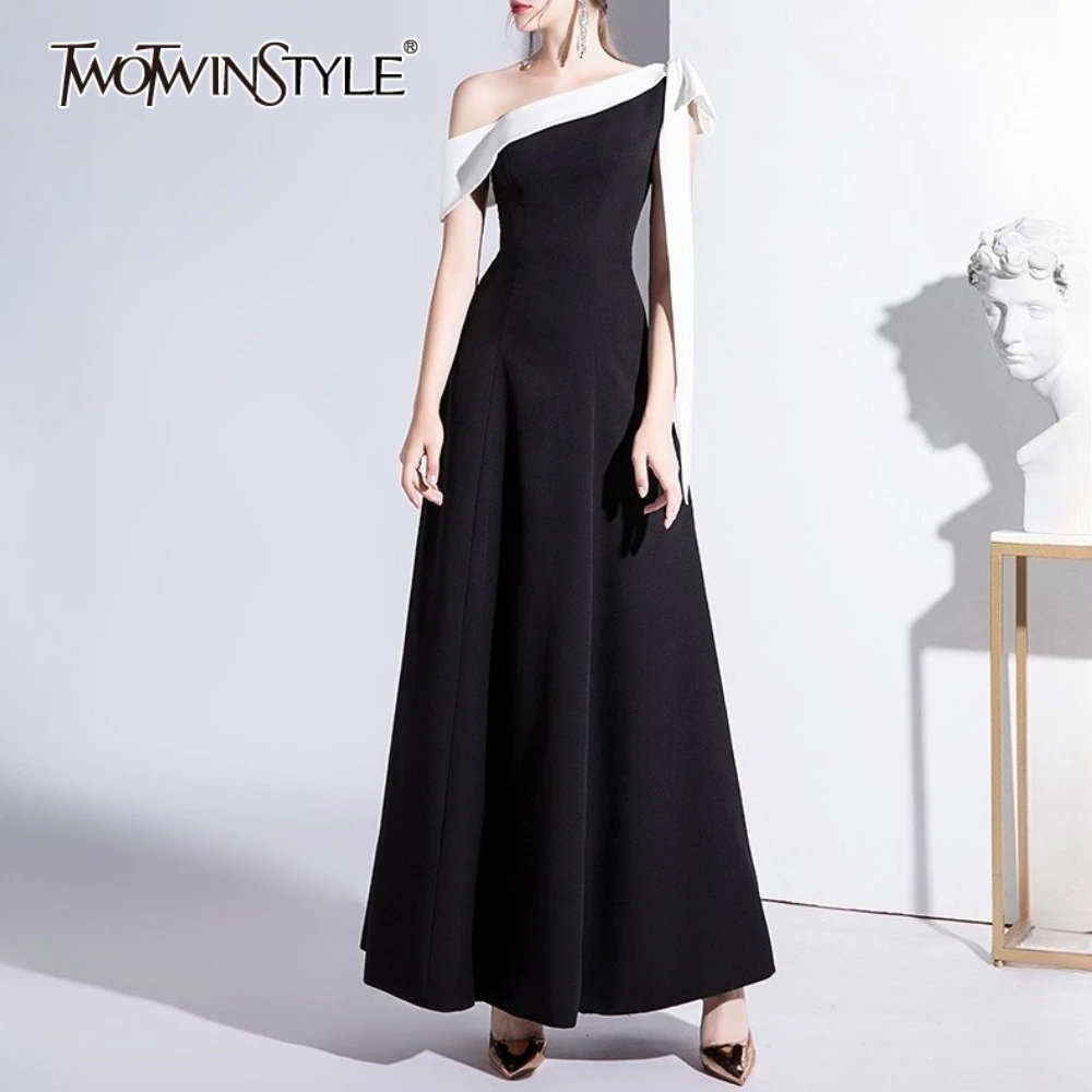 

TWOTWINSTYLE Hit Color Spliced Lace Up Elegant Dresses for Women Diagonal Collar Short Sleeves Minimalist Dress Female Fashion