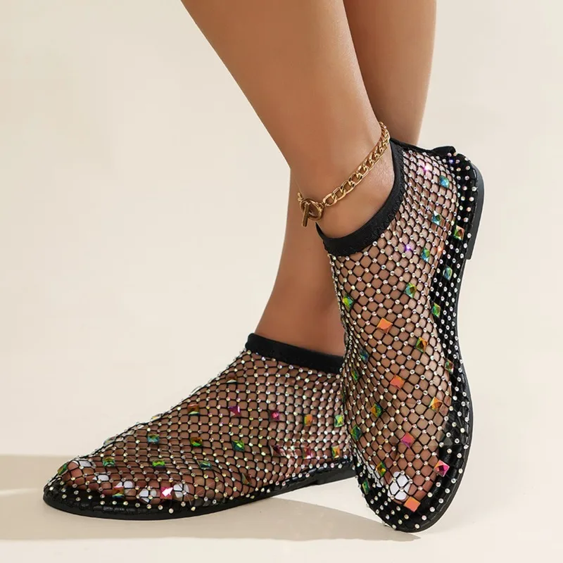 2024 New Round Head Flat Color Big Diamond Elastic Sandals Women's Large Size Sexy Fishnet Socks A Slip-on Sandals Women's Shoes