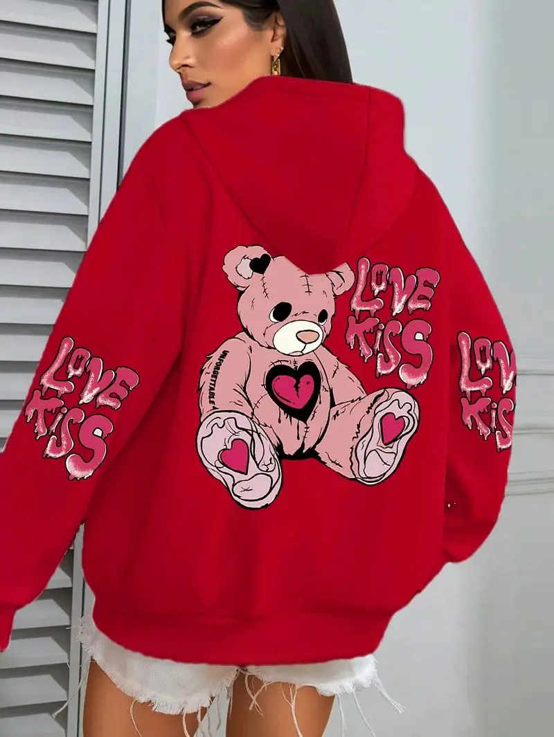 

2025 Pink Love Kiss Art Letter Prints Hoodies Women Pocket Autumn Hoody Fleece Multicolor Streetwear Unisex Hip Hop Y2K Clothing