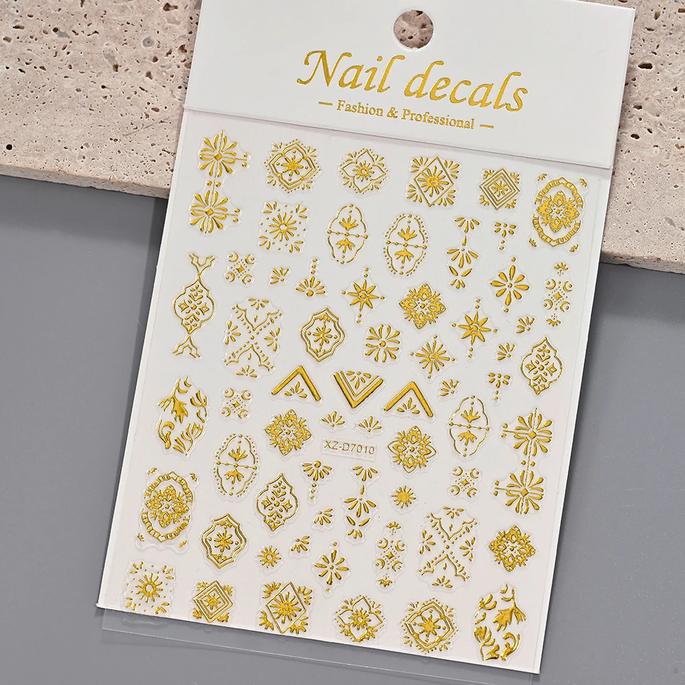 Autocollant pour ongles 3D doré bronzant, fleur de bohémien, feuilles florales métalliques rétro, décalcomanies auto-adhésives, curseur de manucure en fleurs, 1 pièce