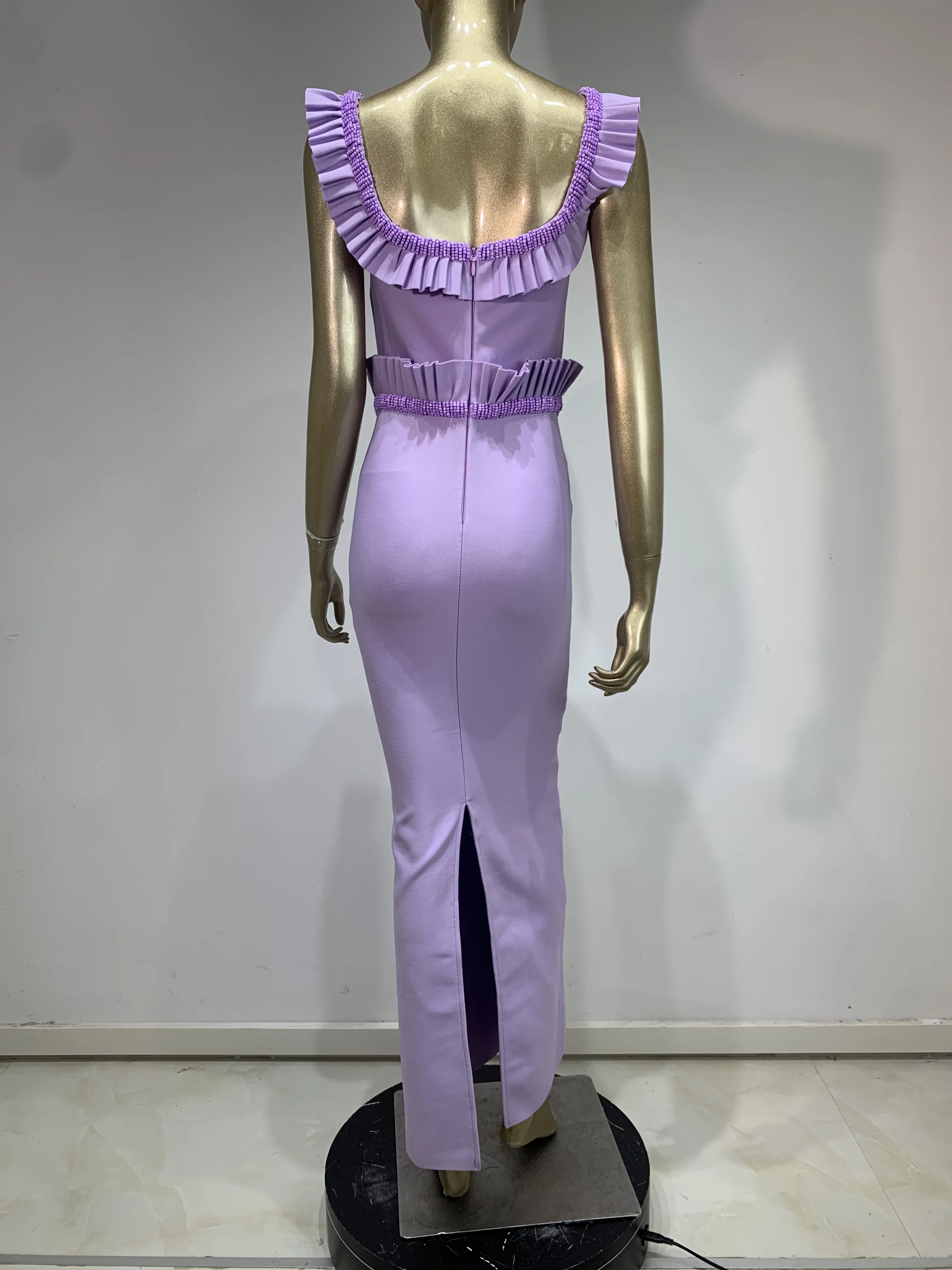 여성 연예인 섹시한 O 넥 프릴 보라색 구슬 맥시 롱 Bodycon 붕대 드레스 2025 우아한 저녁 클럽 파티 드레스