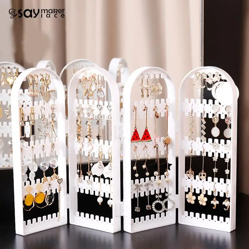 Folding Earrings Studs Display Rack Necklace Jewelry Shelf Stand Holder Panels Screen Organizer Storage Box