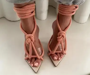 Beige White Black Clear PVC Ropes Ankle Wrap Lace-UP Stiletto Sandals Pointed Open Toe Knot High Heel Party Dress Shoes Sandals view 4
