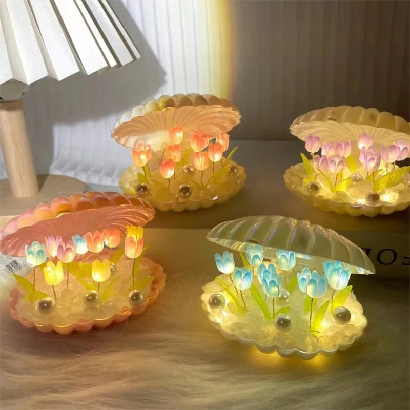 Shell TULIP Night โคมไฟทําด้วยมือ DIY Home Decor ห้องนอนบรรยากาศสาวของขวัญวันเกิดวันวาเลนไทน์
