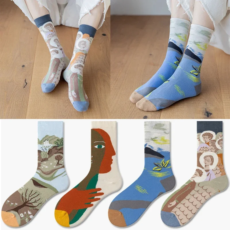 

Fashion Women's Socks Harajuku Cotton Retro Art Funny Kawaii Oil Painting Landscape Sunflower Dinosaur Sock for Christmas Gift