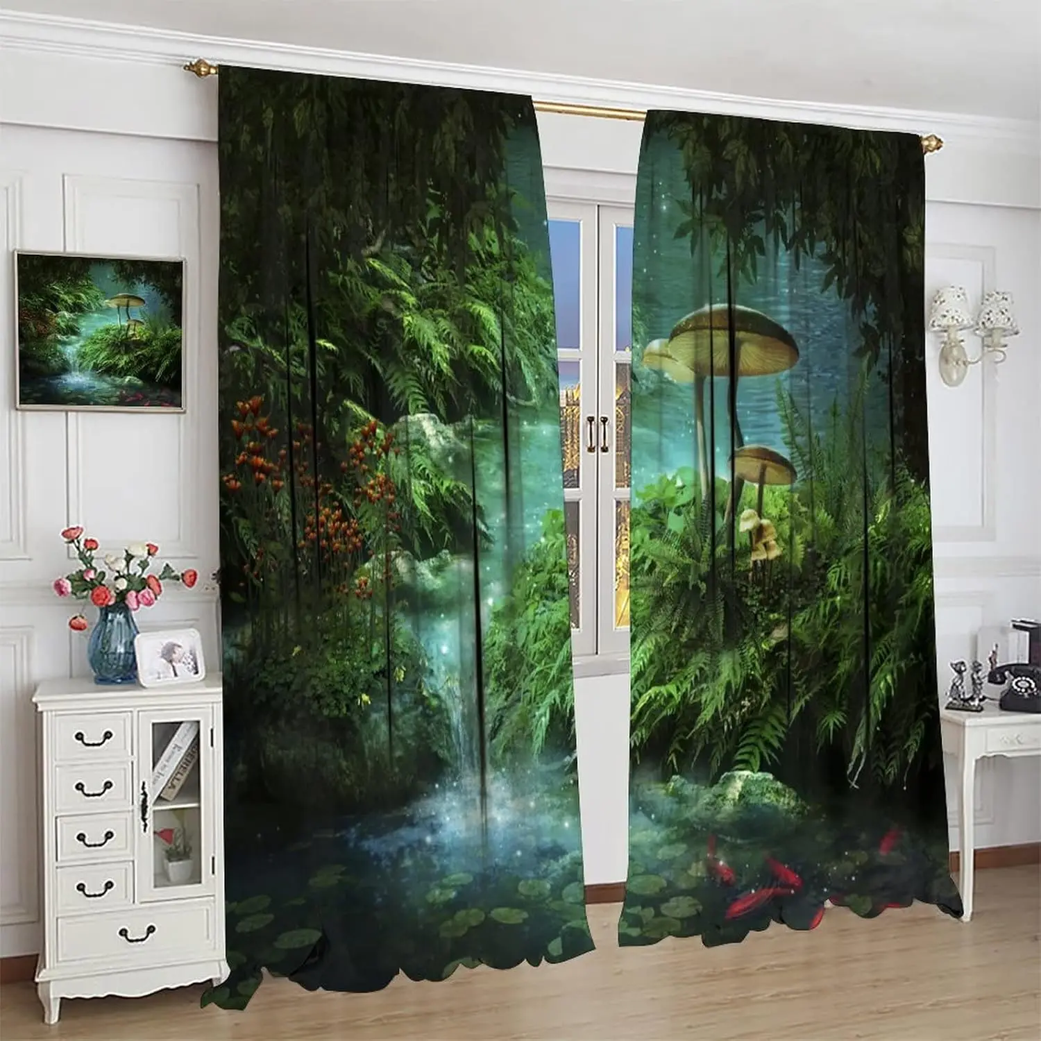 Dream Jungle Curtains Green Fairy Tale Forest Pond River Fern Plant Red Goldfish and Mushroom Suitable for Living Room Blackout