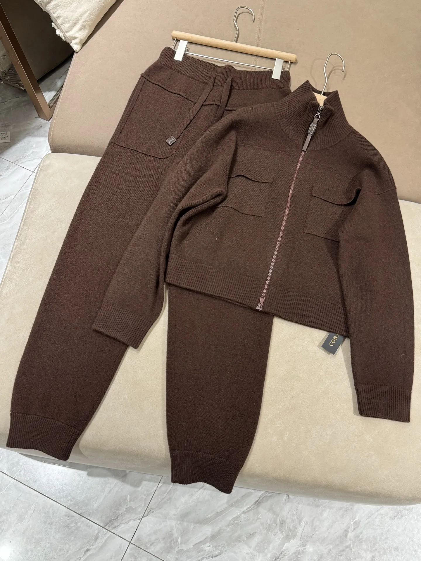 Cardigan tricoté en cachemire pour femmes, col à Double poche, fermeture éclair, pantalon, ensemble deux pièces à la mode