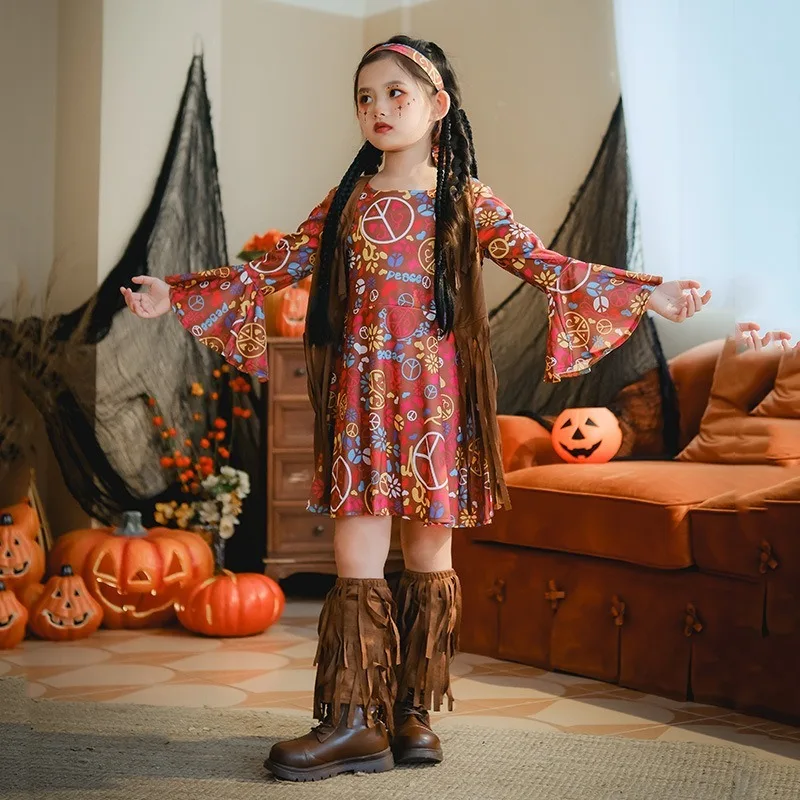 ชุดเดรสสไตล์ยุโรปและอเมริกา แนวเรโทร ฮิปปี้ วินเทจ ยุค 70 สำหรับงานปาร์ตี้ดิสโก้ ชุดคอสเพลย์ฮาโลวีน ชุดแสดงบนเวที