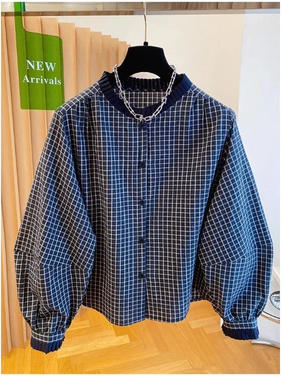 

Korean Sle Plaid Long Sve Women's irt round Ne Lace Ear Autumn New Arrival Loose Fit Girls Faion Casual Top