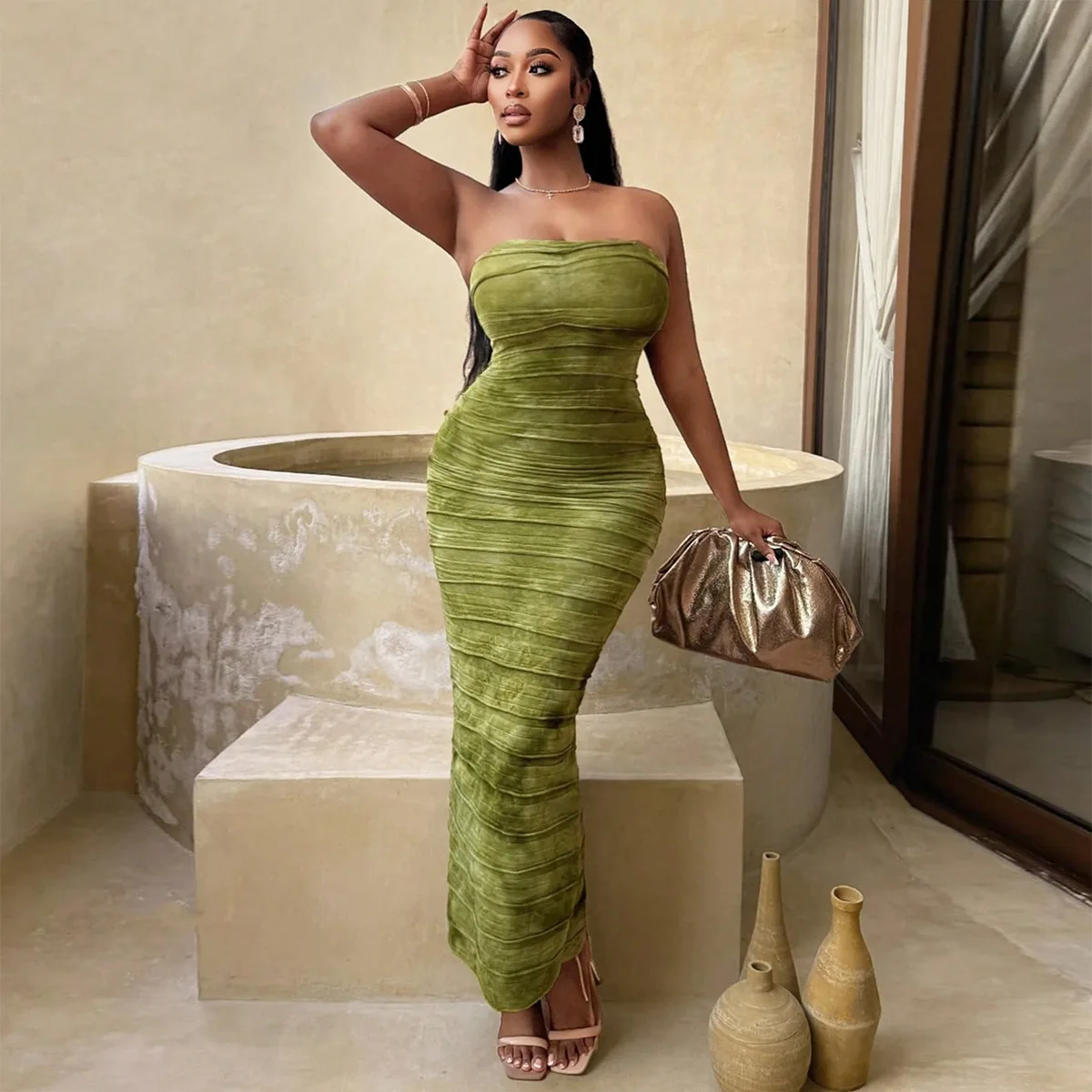 Spring Summer New Style Tube Top Backless Dress Tie-dyed Slim Elegant Fashionable Sleeveless Mid-waist Long One-step Dresses