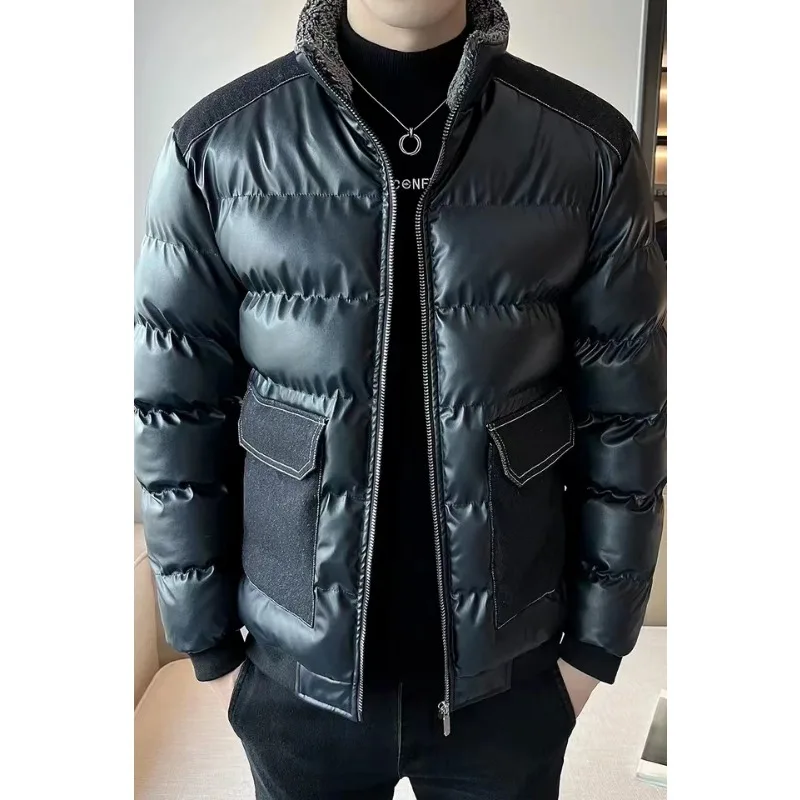 Parka de couro à prova de vento masculino com bolsos grandes, gola alta, jaqueta monocromática Puffer, casaco grosso, marca de alta qualidade,