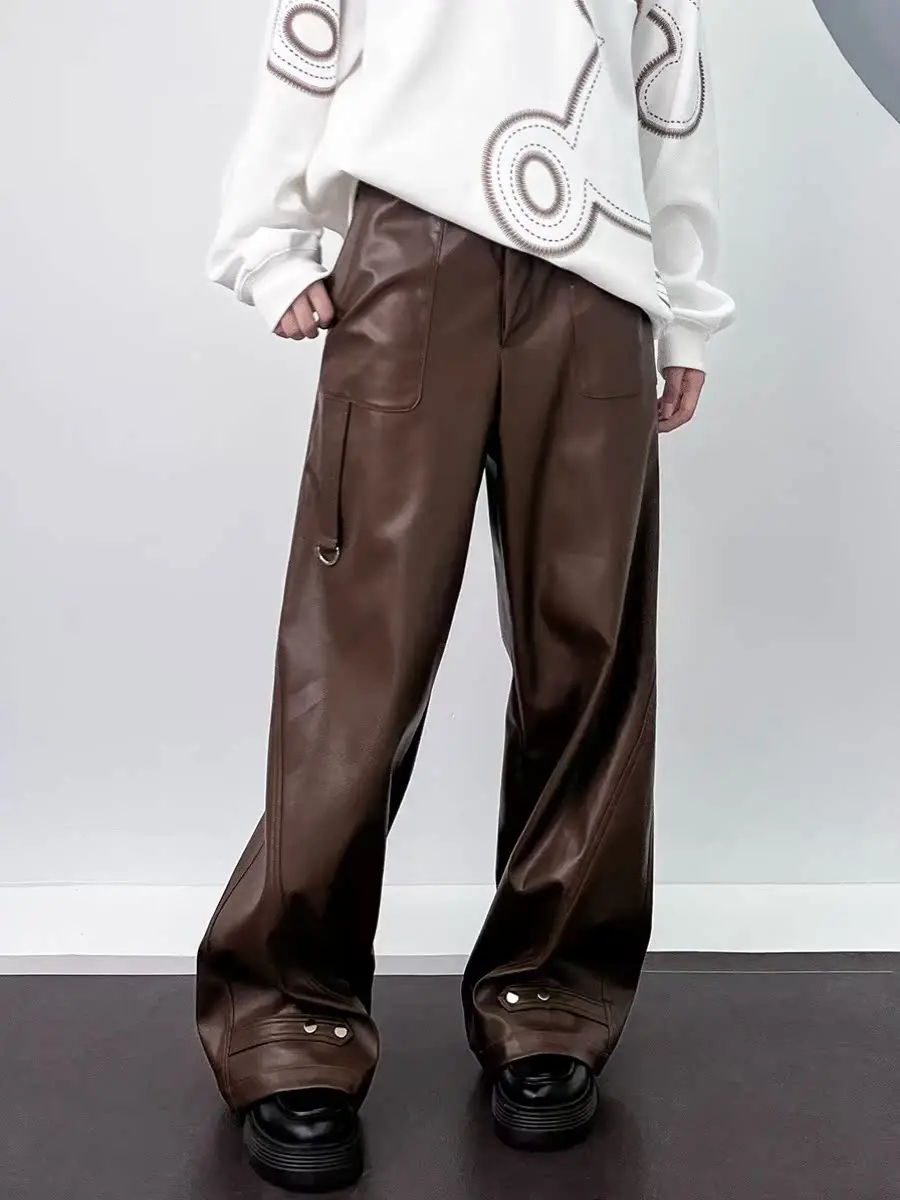 

M-Home Trendy Brand Original Streetwear PU Leather Wide Leg Pants Floor-Length Dra Loose Casual Trousers Autumn New Arrival
