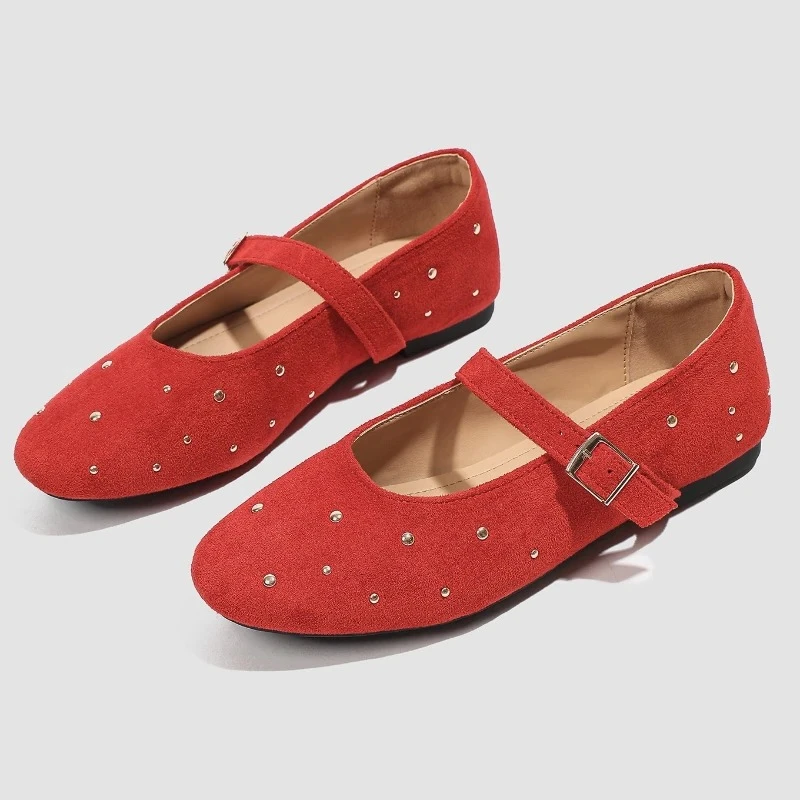 

High Quality Faux Suede Ballet Flats Women Luxury Metal Rivets Buckle Designer Shoes Light Soft Sole Comfortable Mary Jane Shoes
