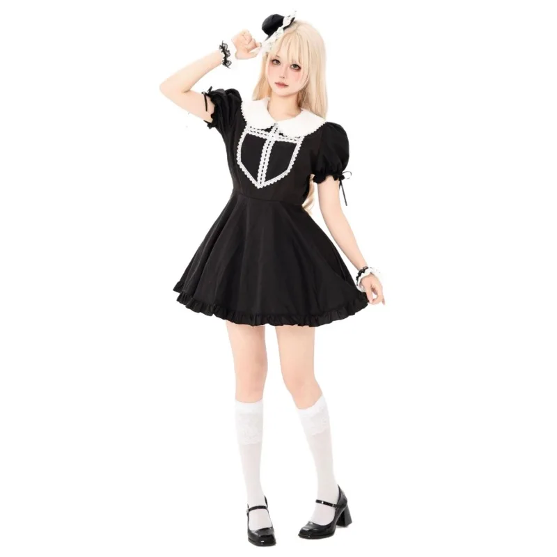 Disfraz de Halloween para mujer, estilo gótico de monja, vestido con estampado de cruz negra, disfraz de cosplay, cuello con volantes, manga corta abullonada, minivestido con volantes para fiestas.