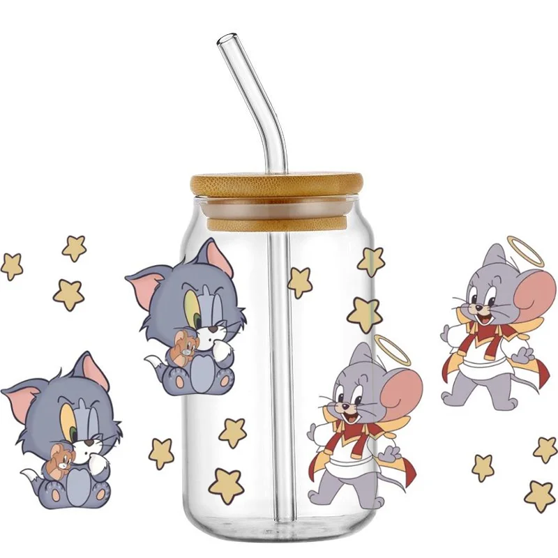 

Miniso Cartoon 3D Cat and Mouse Decal UV DTF Cup Wrap for 16oz Libbey Glass Can DIY Waterproof Mug Transfer Sticker