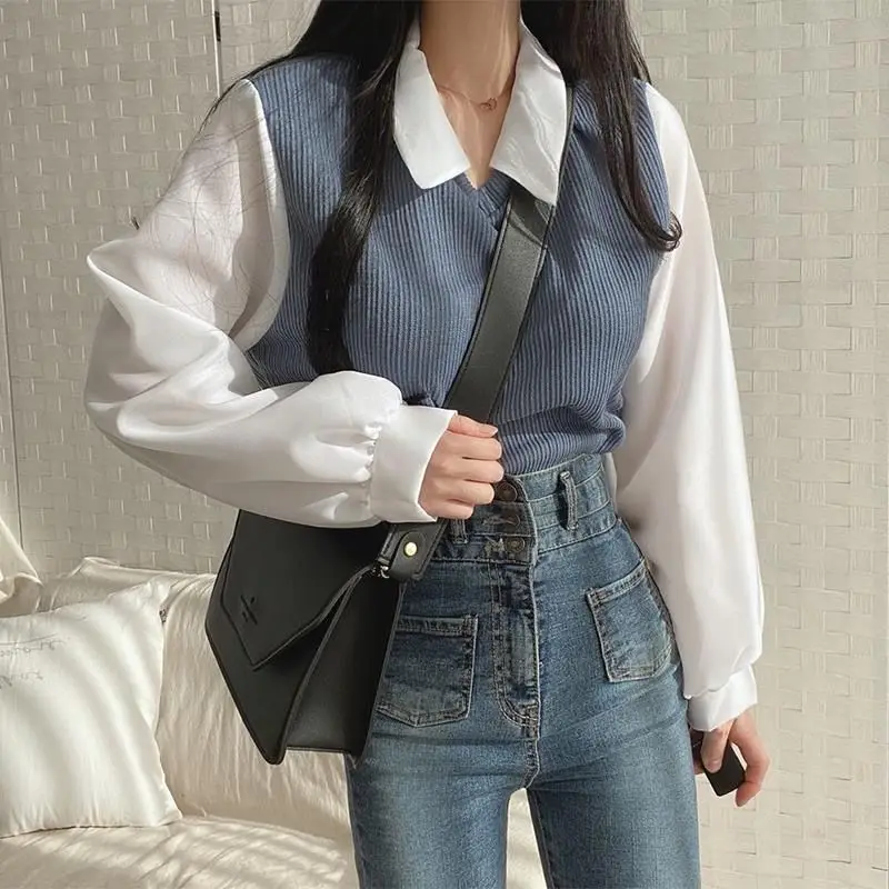Camicia francese retrò coreana chic primaverile con risvolto impiombato, manica a lanterna, top corto in maglia finta in due pezzi