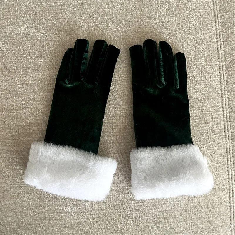 Women Christmas Velvet Gloves Short Furry Trim Santa Gloves for Party Festive Stage