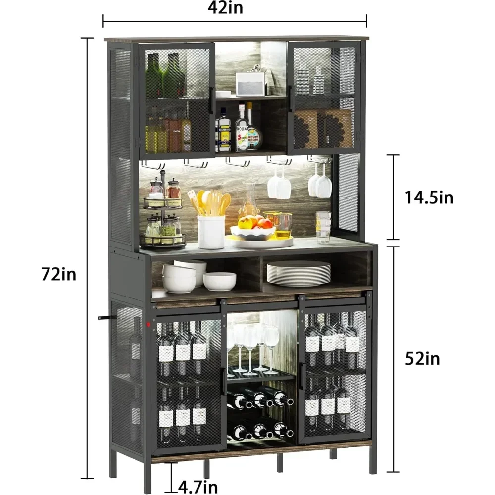 72" Weinbarschrank mit Schiebetür, Bauernhaus-Buffetschränke mit Weinregal und Glashalter, LED-Aufbewahrungsschrank