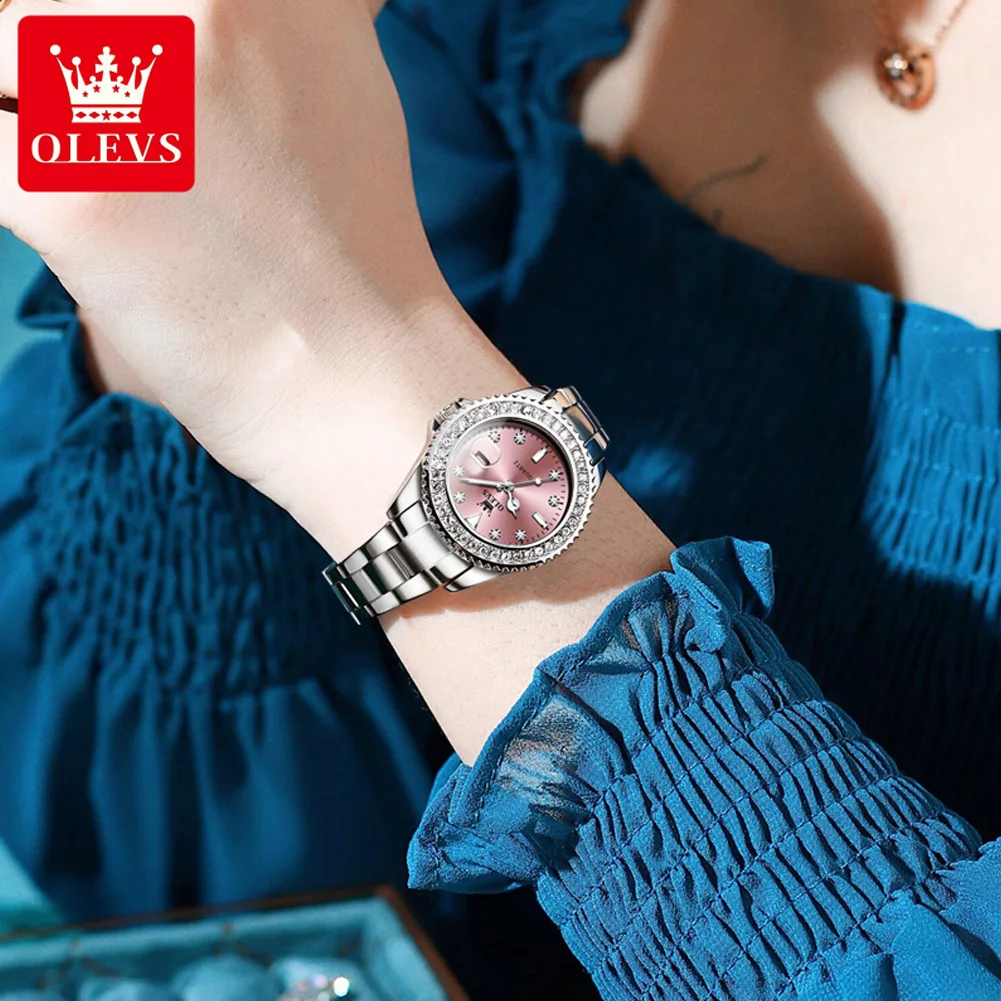 OLEVS-Reloj de pulsera de acero inoxidable para mujer, cronógrafo elegante de lujo con diamantes, fecha, rosa, Original, marca superior, 9945