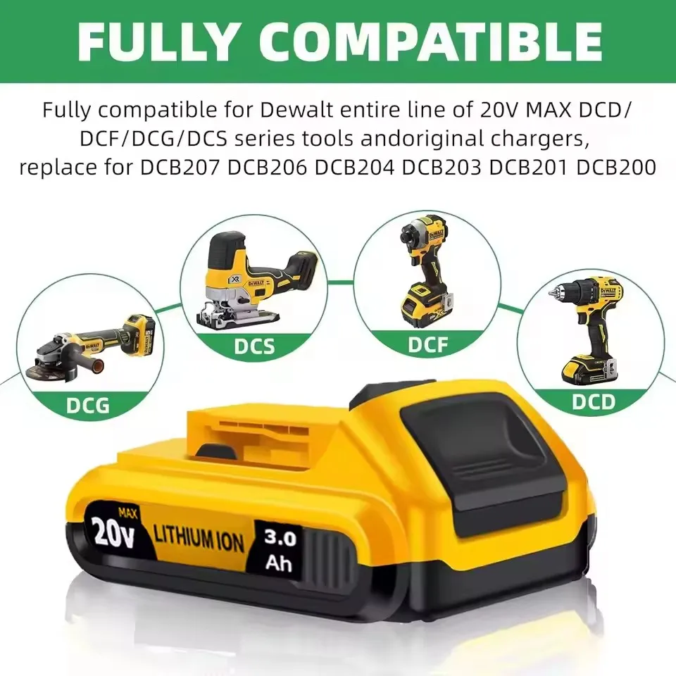 NEW For DeWalt 18v 20Volt Max Lithium  Batteries  3000mAh DCB203  DCB206 DCB205 DCB204 DCB200 Power Tools battery
