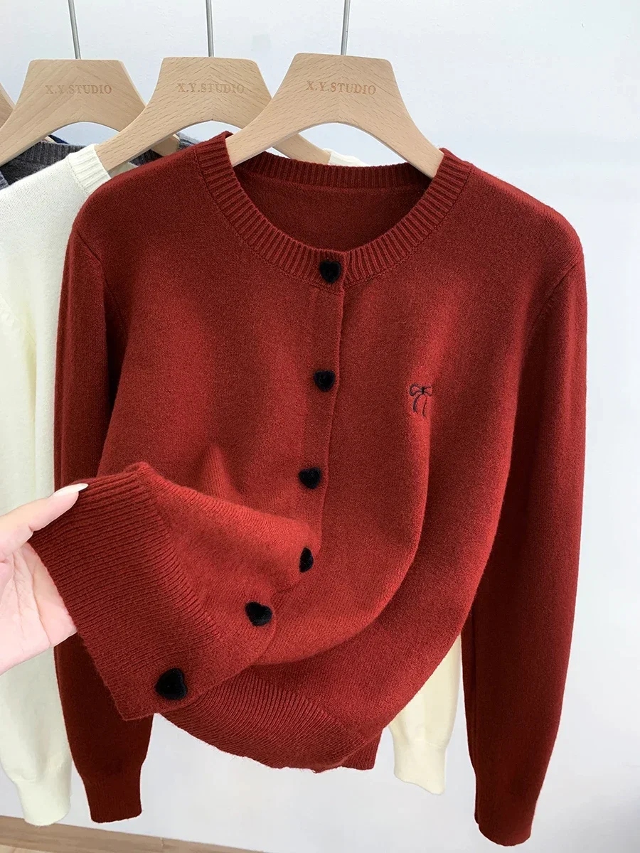 

2025 Korean Casual Solid Tops Women O-Neck Single Breasted Heart Button Sweater Bow Embroidery Knitted Cardigan Woman Clothes 45