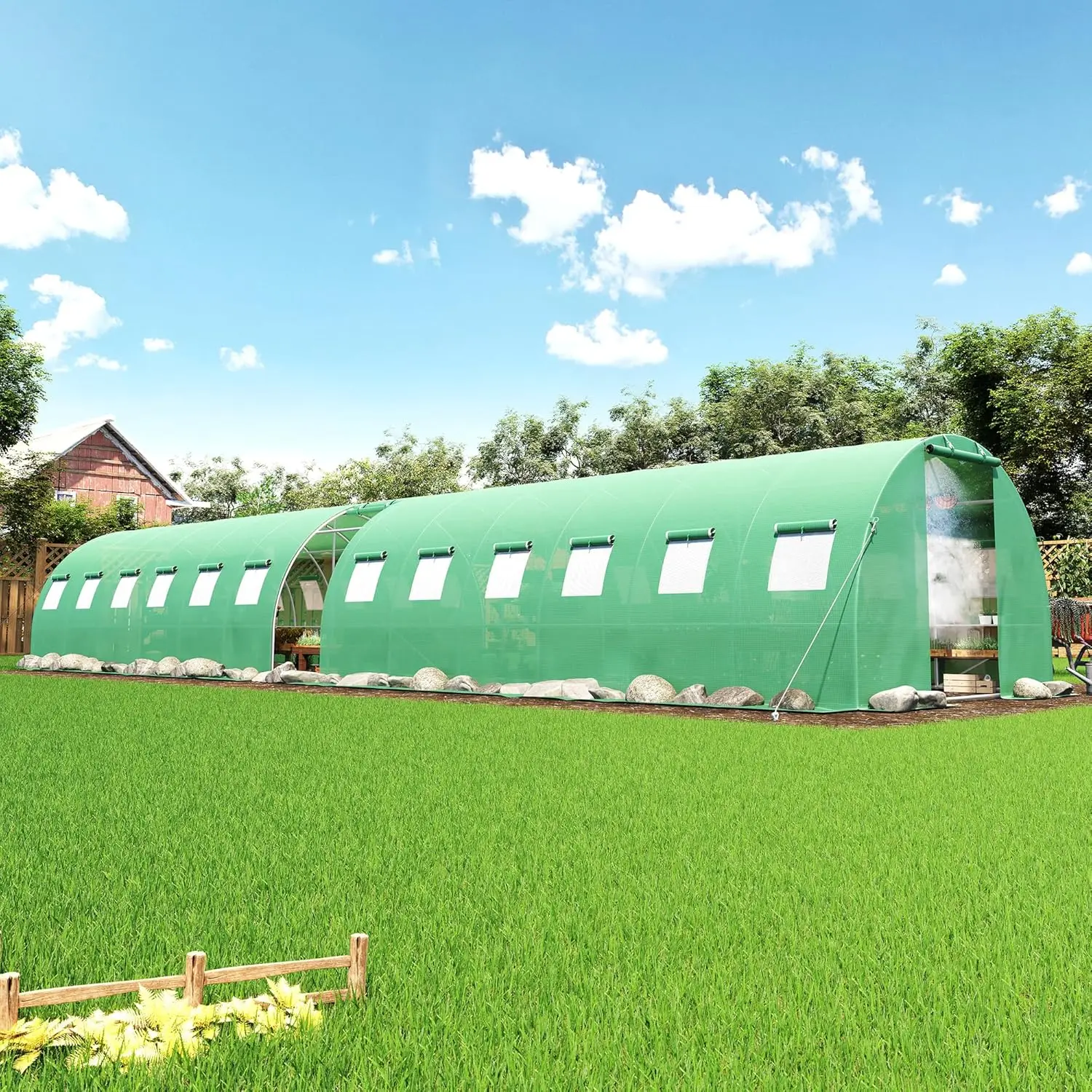 

44×10 FT Large Walk-in Tunnel Greenhouse with Watering System, Heavy Duty Greenhouse with 4 Support Poles & 4, Customized