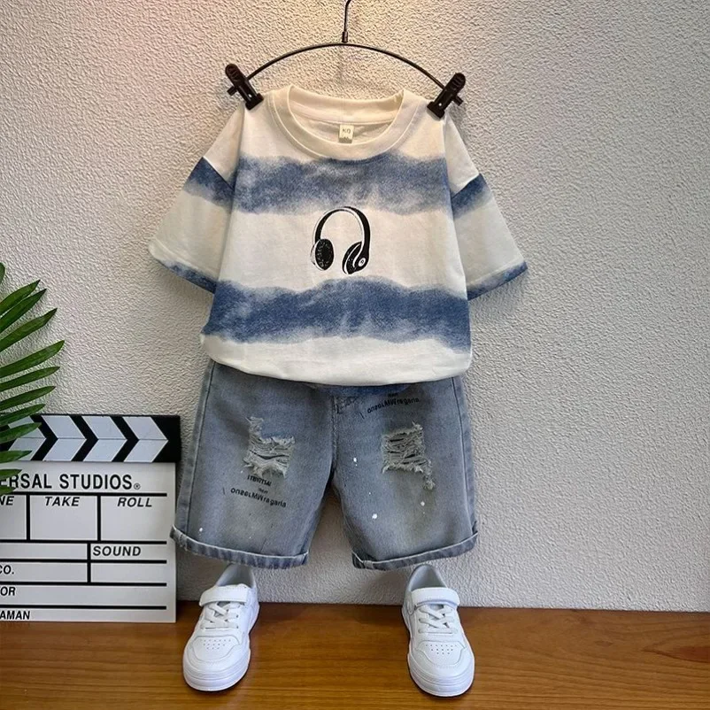 

2025 Summer Kids Denim Shorts for Boys Sleeve T-shirt Shorts Clothes for Children Baby Denim Shorts Two Piece Sets Kids Outfits