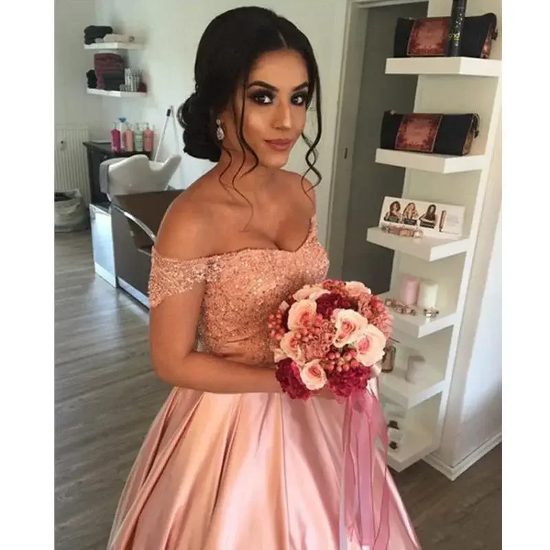 

Customized Elegant Pink Off The Shoulder Arabic A-Line Wedding Dress Lace Appliques Beads Lace-up Floor Length Bridal Gowns