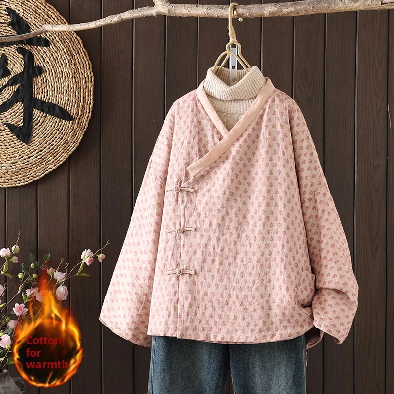 

Retro Chinese Floral Cotton Jaet Outerwear Large Size National Sle Button V-ne Thiened Long Sve Loose Fit Coat