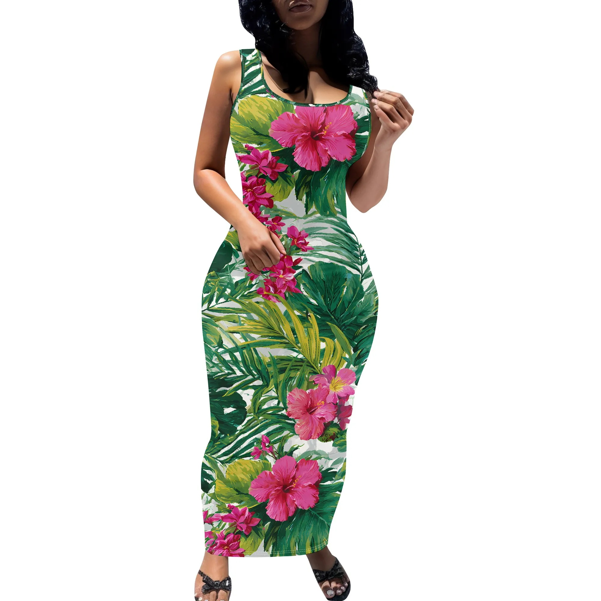 Floral Print Dress, Sleeveless Tank Maxi Dress, Tropical Hibiscus Pattern, Summer Beach Vacation Wear, S-2XL