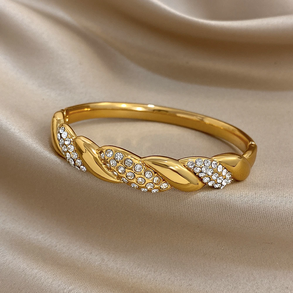 Greatera Fashion Twisted Knot Diamond Light Luxury Bracelet Unique Gold Color Temperament Stainless Steel Women's Cuff Bangle
