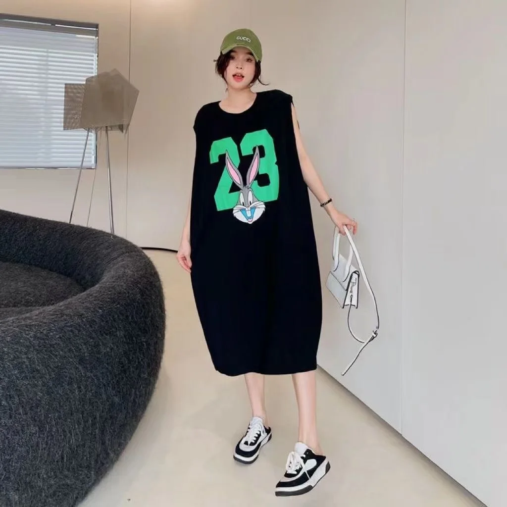แฟชั่นO-คอพิมพ์สีตัวอักษรแขนกุดลําลองSundressเสื้อผ้าหญิง 2025 ฤดูร้อนหลวมAll-Matchเสื้อยืดชุด