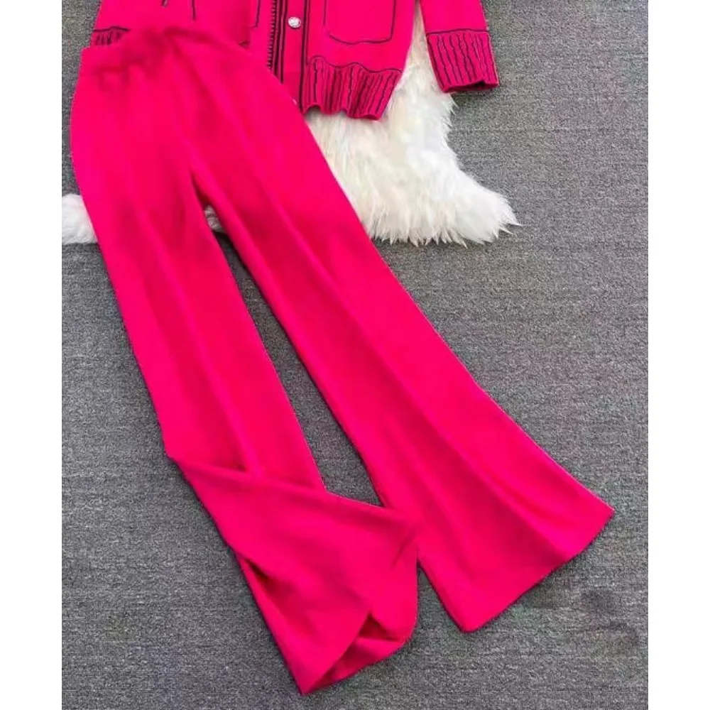 Women Chic Retro Two Sets lool sleeve v neck basics knit sweet High Waitst Wide leg pants Fashion Summer Sets